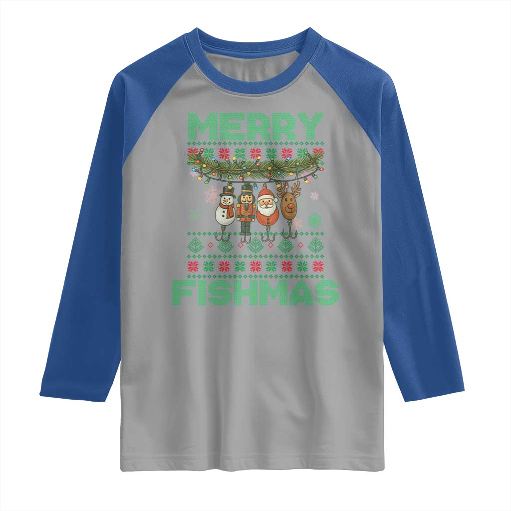Merry Fishmas Ugly Sweater Raglan Shirt Funny Fishing Holiday Gift TS12 Sport Gray Royal Print Your Wear