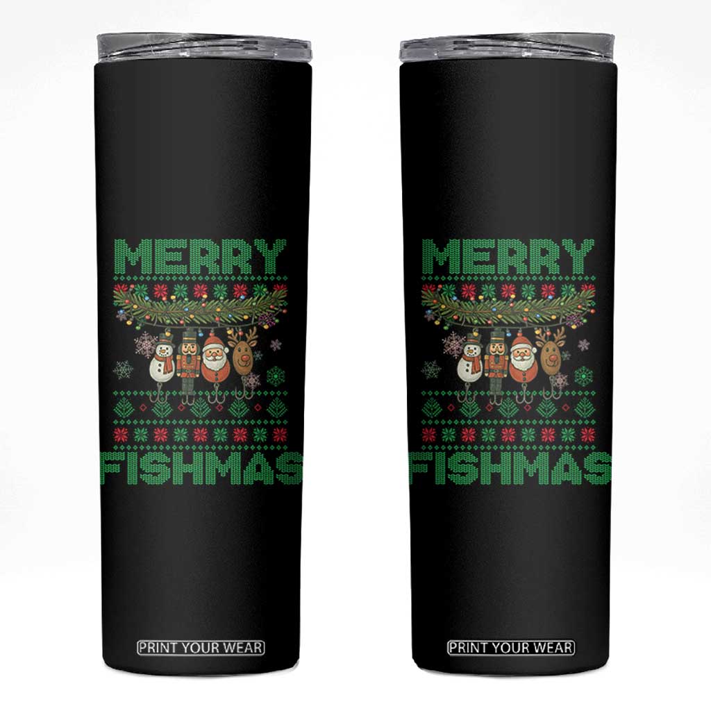 Merry Fishmas Ugly Sweater Skinny Tumbler Funny Fishing Holiday Gift TS12 Black Print Your Wear