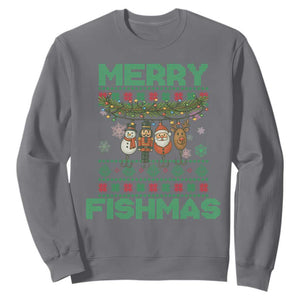 Merry Fishmas Ugly Sweater Sweatshirt Funny Fishing Holiday Gift TS12 Charcoal Print Your Wear