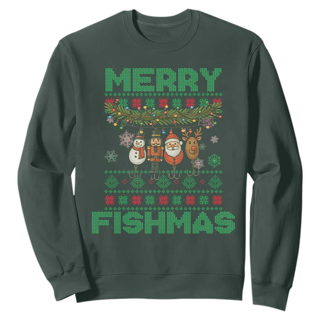 Merry Fishmas Ugly Sweater Sweatshirt Funny Fishing Holiday Gift TS12 Dark Forest Green Print Your Wear