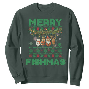 Merry Fishmas Ugly Sweater Sweatshirt Funny Fishing Holiday Gift TS12 Dark Forest Green Print Your Wear