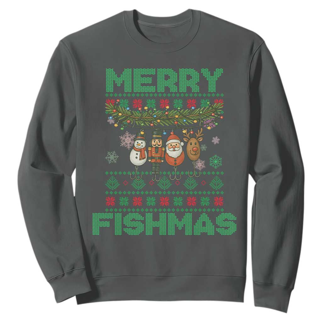 Merry Fishmas Ugly Sweater Sweatshirt Funny Fishing Holiday Gift TS12 Dark Heather Print Your Wear