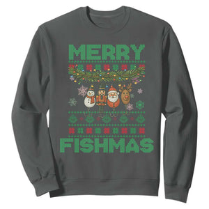 Merry Fishmas Ugly Sweater Sweatshirt Funny Fishing Holiday Gift TS12 Dark Heather Print Your Wear