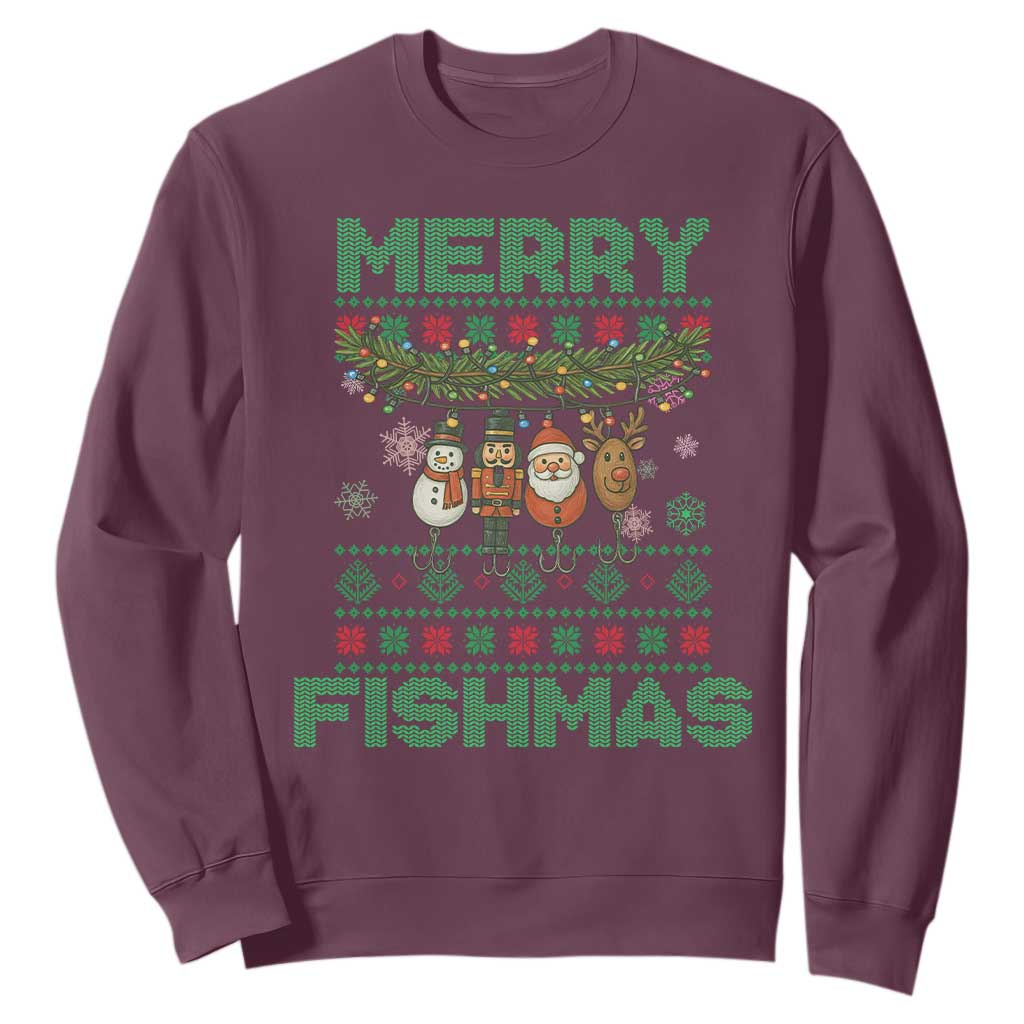 Merry Fishmas Ugly Sweater Sweatshirt Funny Fishing Holiday Gift TS12 Maroon Print Your Wear