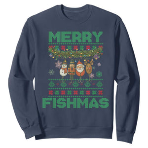 Merry Fishmas Ugly Sweater Sweatshirt Funny Fishing Holiday Gift TS12 Navy Print Your Wear