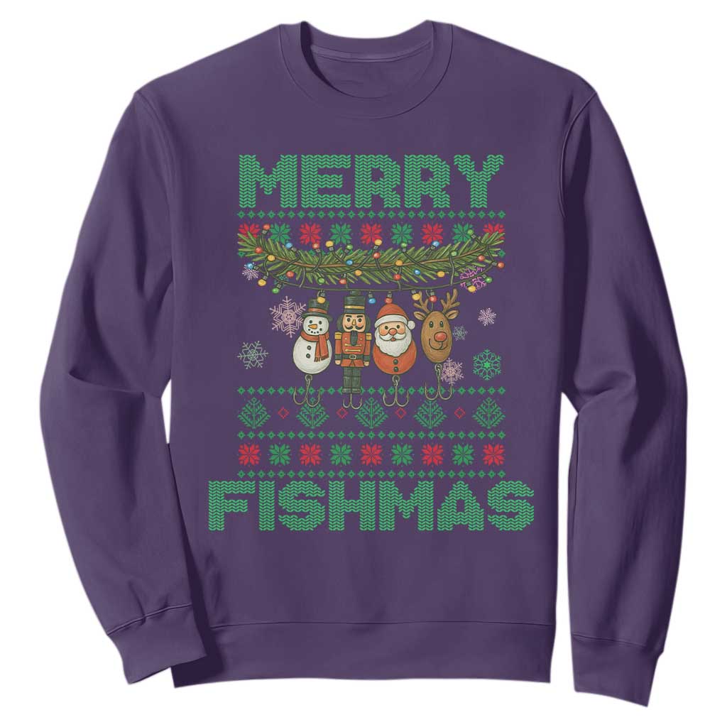 Merry Fishmas Ugly Sweater Sweatshirt Funny Fishing Holiday Gift TS12 Purple Print Your Wear