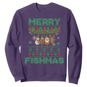 Merry Fishmas Ugly Sweater Sweatshirt Funny Fishing Holiday Gift TS12 Purple Print Your Wear