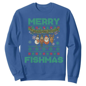 Merry Fishmas Ugly Sweater Sweatshirt Funny Fishing Holiday Gift TS12 Royal Blue Print Your Wear