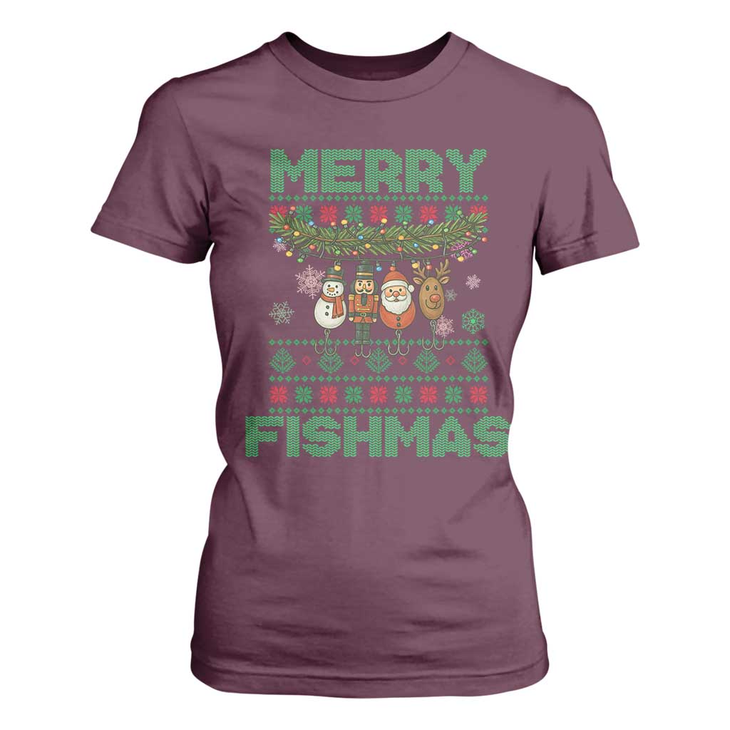 Merry Fishmas Ugly Sweater T Shirt For Women Funny Fishing Holiday Gift TS12 Maroon Print Your Wear