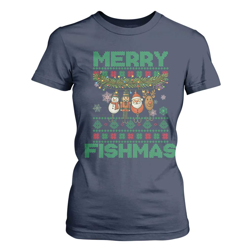 Merry Fishmas Ugly Sweater T Shirt For Women Funny Fishing Holiday Gift TS12 Navy Print Your Wear