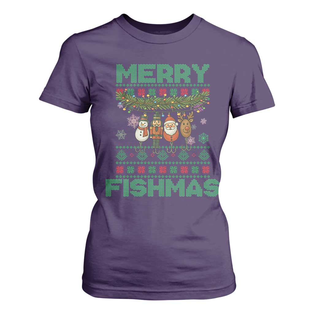 Merry Fishmas Ugly Sweater T Shirt For Women Funny Fishing Holiday Gift TS12 Purple Print Your Wear