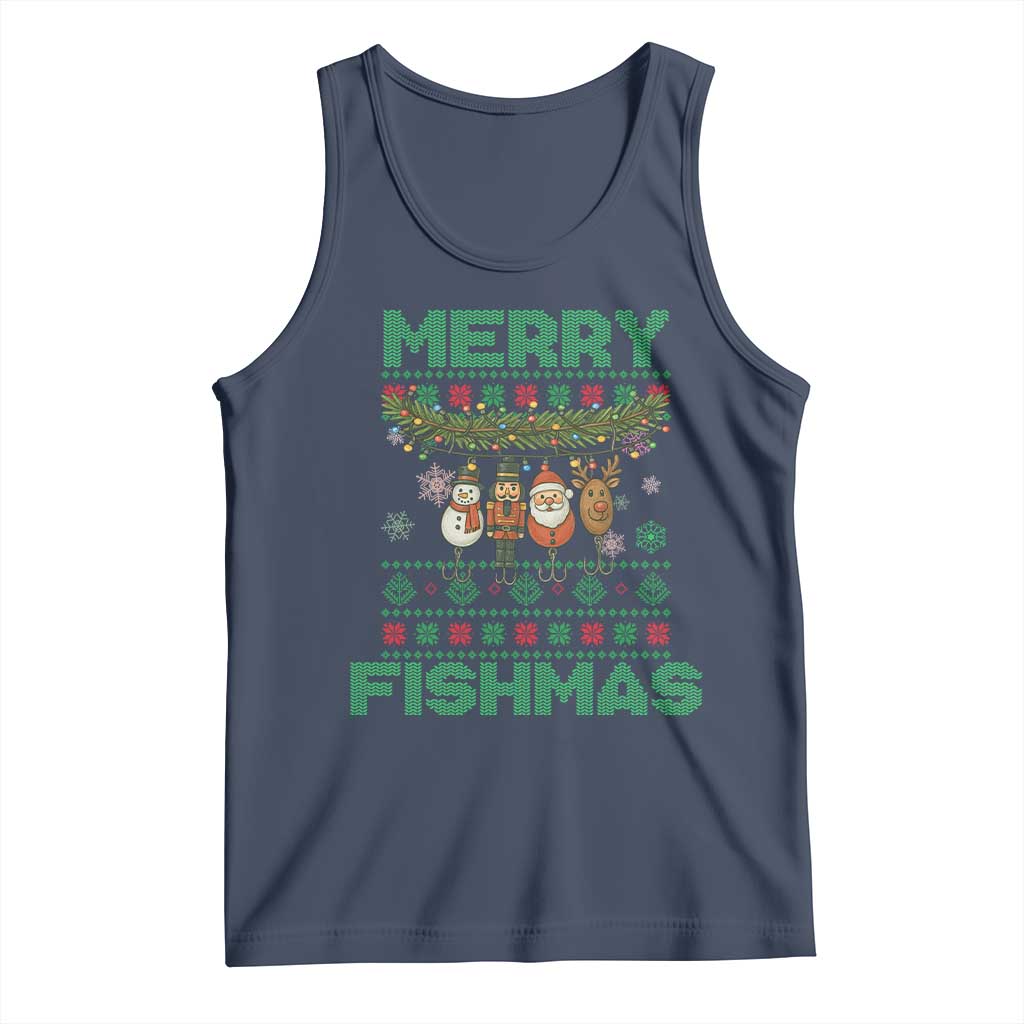 Merry Fishmas Ugly Sweater Tank Top Funny Fishing Holiday Gift TS12 Navy Print Your Wear