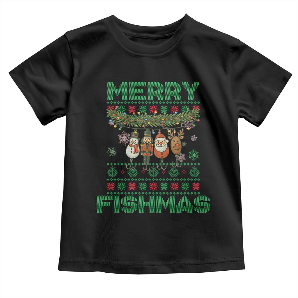 Merry Fishmas Ugly Sweater Toddler T Shirt Funny Fishing Holiday Gift TS12 Black Print Your Wear