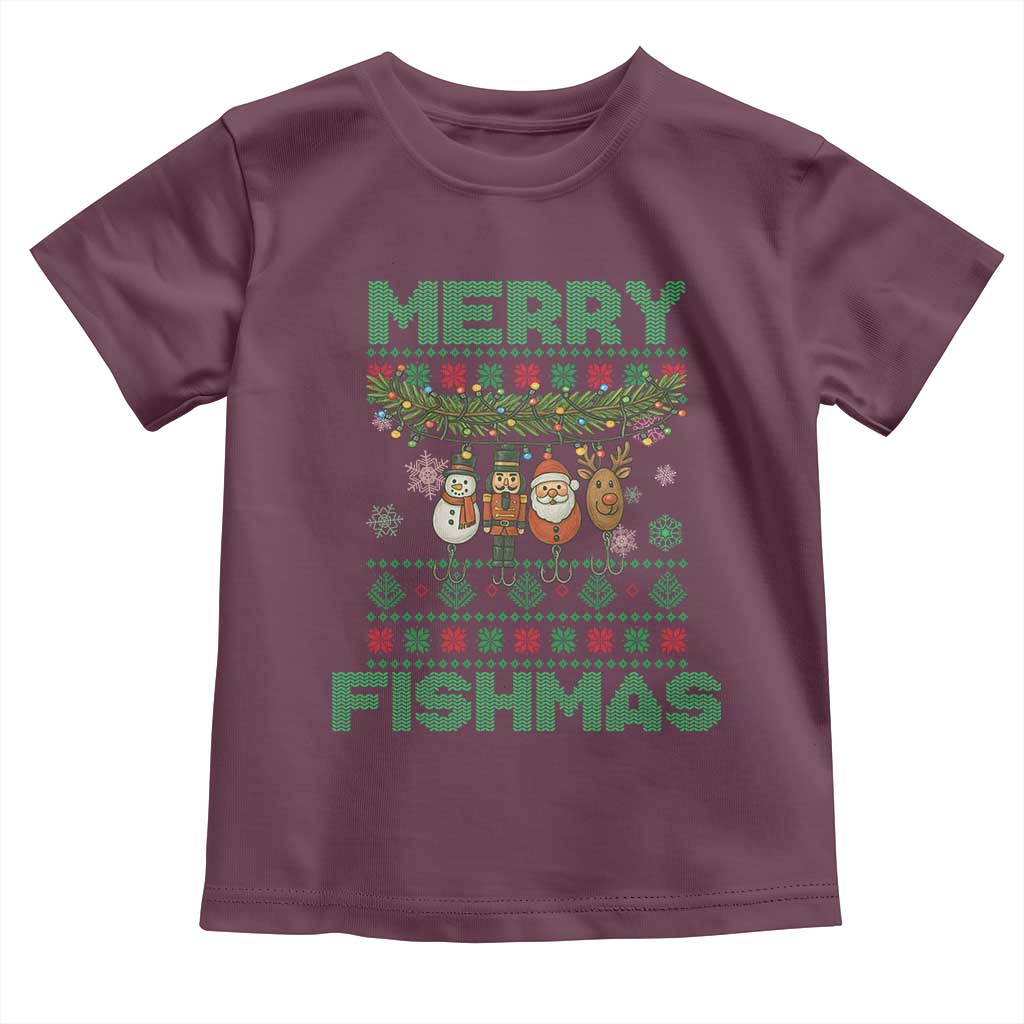 Merry Fishmas Ugly Sweater Toddler T Shirt Funny Fishing Holiday Gift TS12 Maroon Print Your Wear