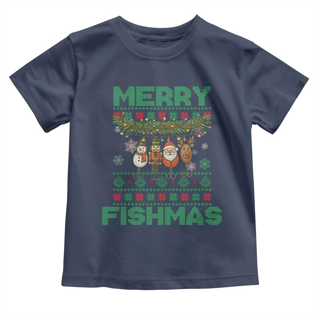 Merry Fishmas Ugly Sweater Toddler T Shirt Funny Fishing Holiday Gift TS12 Navy Print Your Wear
