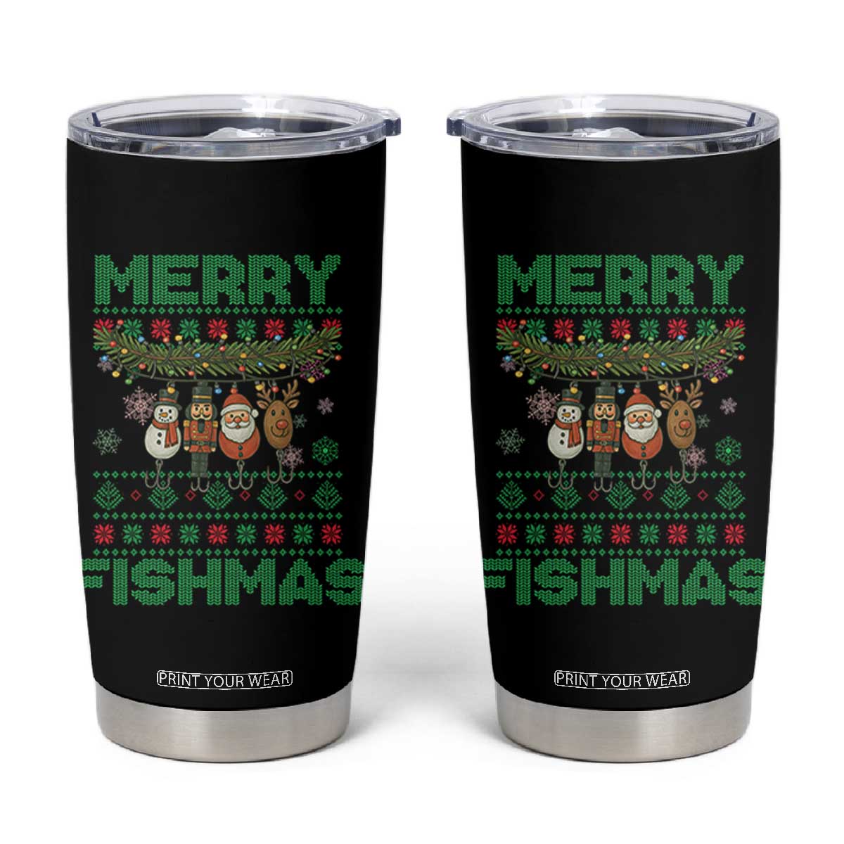 Merry Fishmas Ugly Sweater Tumbler Cup Funny Fishing Holiday Gift TS12 Black Print Your Wear
