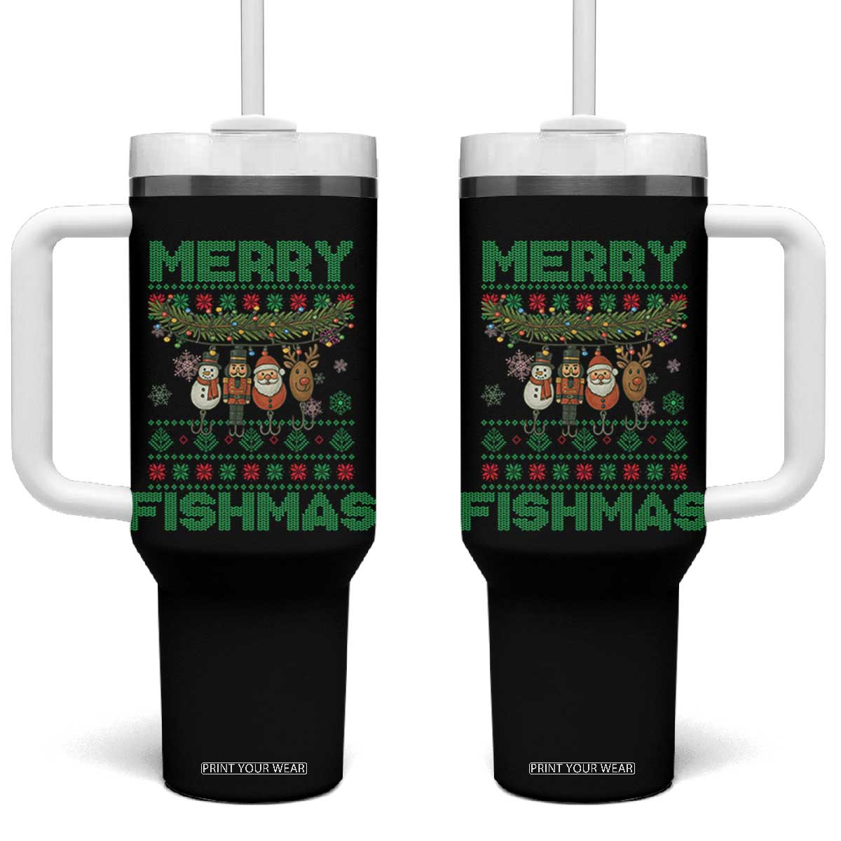 Merry Fishmas Ugly Sweater Tumbler With Handle Funny Fishing Holiday Gift TS12 One Size: 40 oz Black Print Your Wear