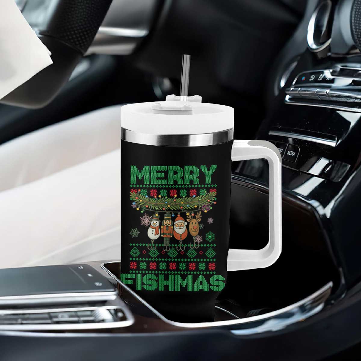 Merry Fishmas Ugly Sweater Tumbler With Handle Funny Fishing Holiday Gift TS12 Print Your Wear
