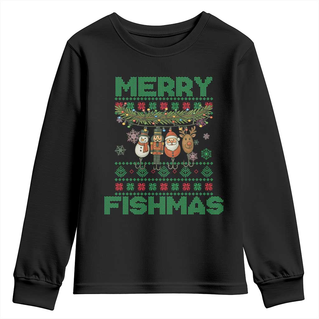 Merry Fishmas Ugly Sweater Youth Sweatshirt Funny Fishing Holiday Gift TS12 Black Print Your Wear