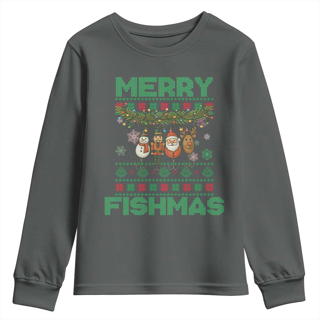 Merry Fishmas Ugly Sweater Youth Sweatshirt Funny Fishing Holiday Gift TS12 Dark Heather Print Your Wear