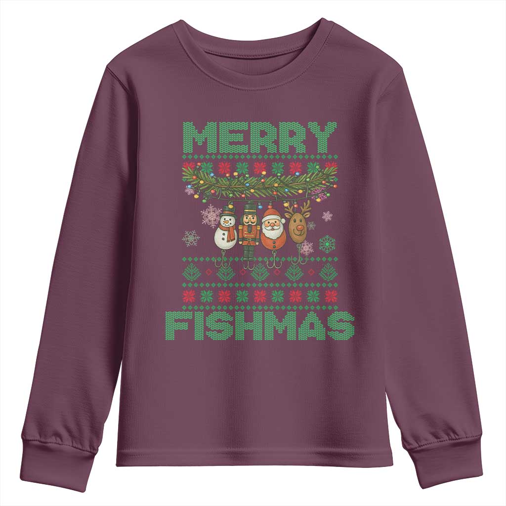 Merry Fishmas Ugly Sweater Youth Sweatshirt Funny Fishing Holiday Gift TS12 Maroon Print Your Wear