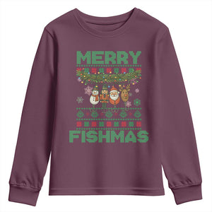 Merry Fishmas Ugly Sweater Youth Sweatshirt Funny Fishing Holiday Gift TS12 Maroon Print Your Wear