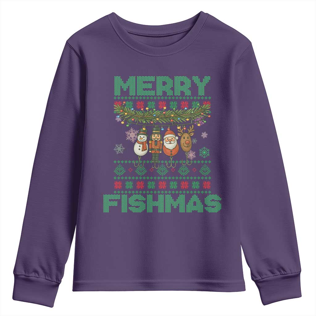Merry Fishmas Ugly Sweater Youth Sweatshirt Funny Fishing Holiday Gift TS12 Purple Print Your Wear
