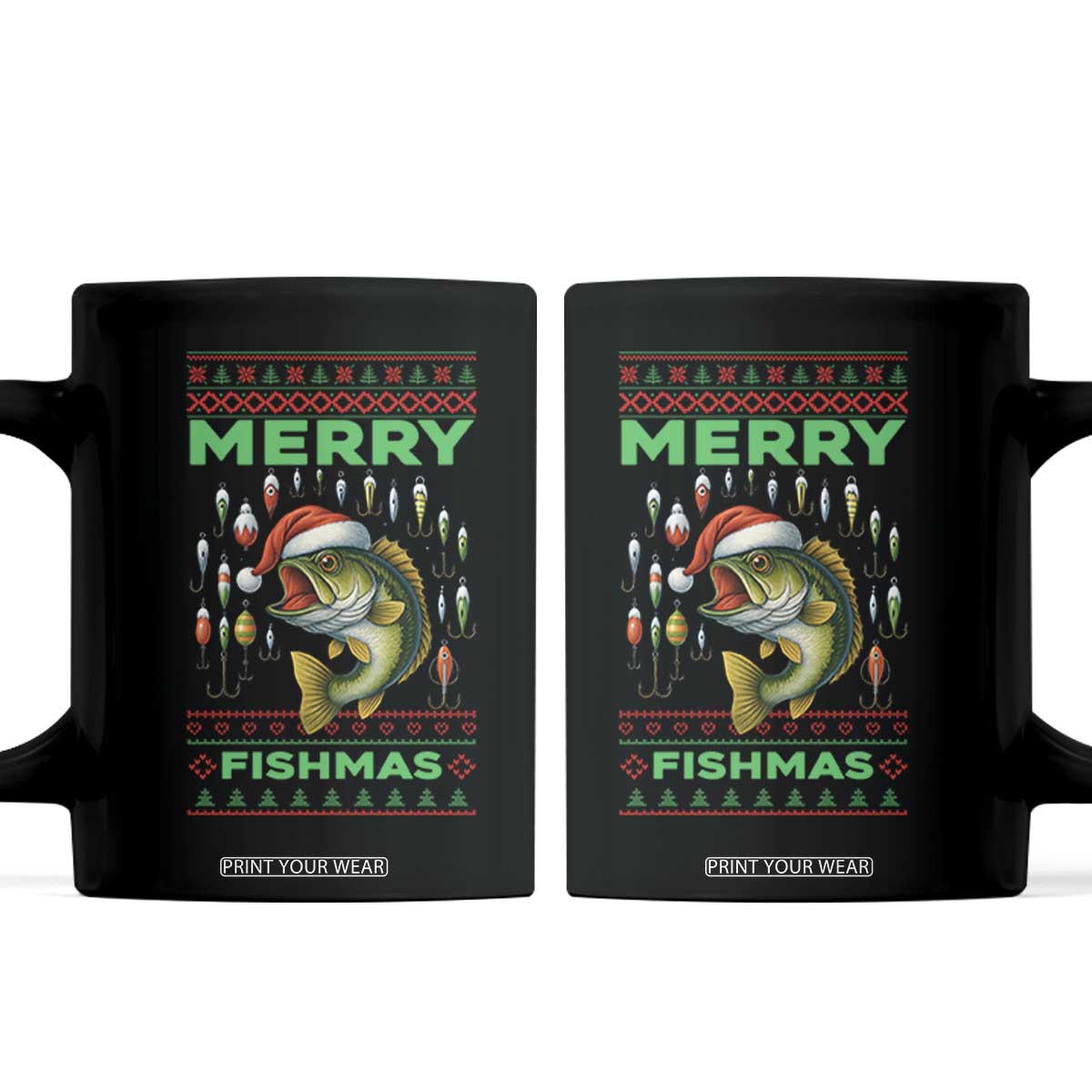 Funny Merry Fishmas Ugly Sweater Coffee Mug Fisherman Christmas Gift TS12 Black Print Your Wear