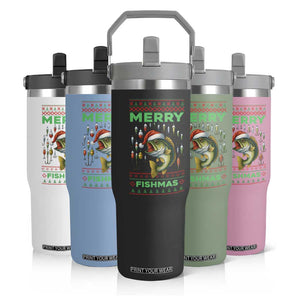 Funny Merry Fishmas Ugly Sweater Flip Straw Tumbler Fisherman Christmas Gift TS12 Print Your Wear