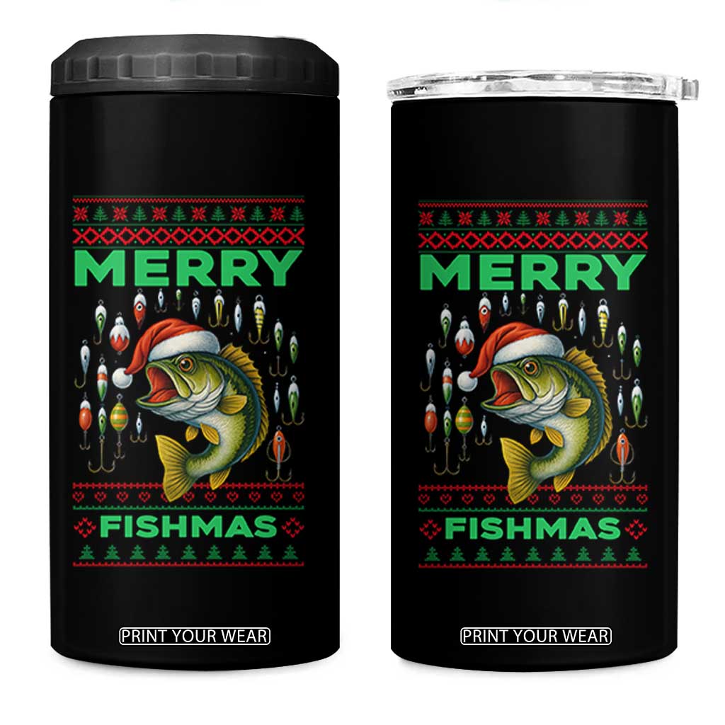 Funny Merry Fishmas Ugly Sweater 4 in 1 Can Cooler Tumbler Fisherman Christmas Gift TS12 One Size: 16 oz Black Print Your Wear