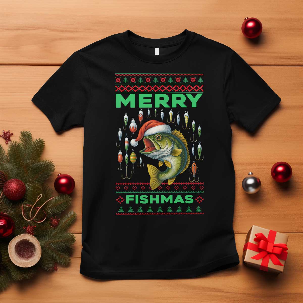 Funny Merry Fishmas Ugly Sweater T Shirt Fisherman Christmas Gift TS12 Black Print Your Wear