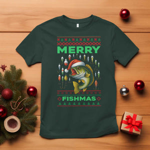 Funny Merry Fishmas Ugly Sweater T Shirt Fisherman Christmas Gift TS12 Dark Forest Green Print Your Wear