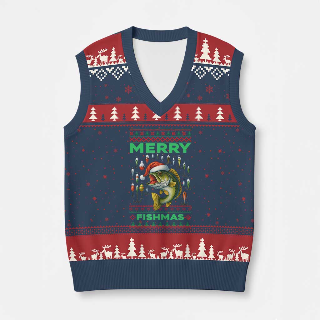 Funny Merry Fishmas Ugly Sweater V-Neck Knit Sweater Vest Fisherman Xmas Gift TS12 Navy Red Print Your Wear