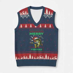 Funny Merry Fishmas Ugly Sweater V-Neck Knit Sweater Vest Fisherman Xmas Gift TS12 Navy Red Print Your Wear
