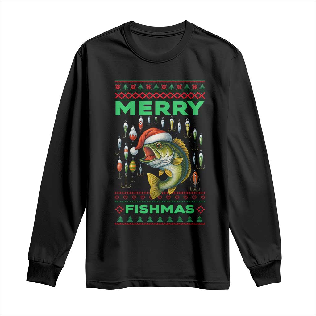 Funny Merry Fishmas Ugly Sweater Long Sleeve Shirt Fisherman Christmas Gift TS12 Black Print Your Wear
