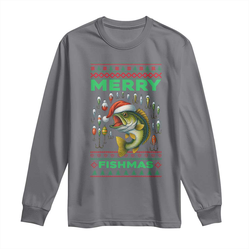 Funny Merry Fishmas Ugly Sweater Long Sleeve Shirt Fisherman Christmas Gift TS12 Charcoal Print Your Wear