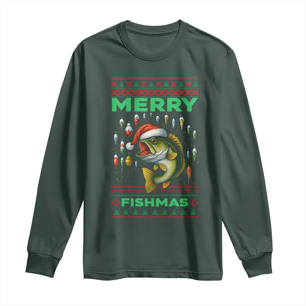 Funny Merry Fishmas Ugly Sweater Long Sleeve Shirt Fisherman Christmas Gift TS12 Dark Forest Green Print Your Wear