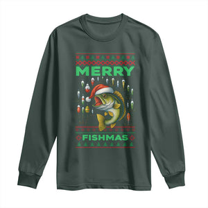 Funny Merry Fishmas Ugly Sweater Long Sleeve Shirt Fisherman Christmas Gift TS12 Dark Forest Green Print Your Wear