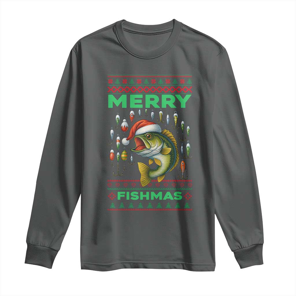 Funny Merry Fishmas Ugly Sweater Long Sleeve Shirt Fisherman Christmas Gift TS12 Dark Heather Print Your Wear