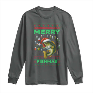 Funny Merry Fishmas Ugly Sweater Long Sleeve Shirt Fisherman Christmas Gift TS12 Dark Heather Print Your Wear
