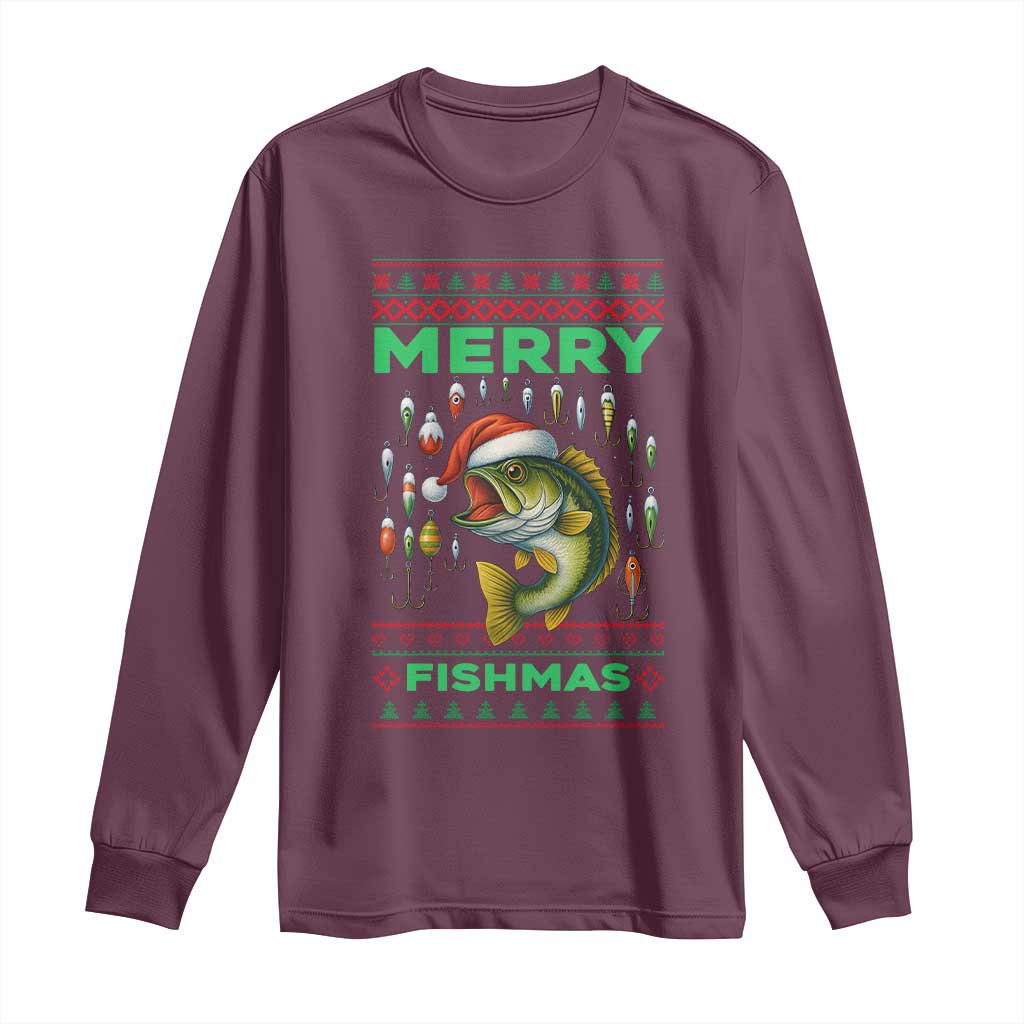 Funny Merry Fishmas Ugly Sweater Long Sleeve Shirt Fisherman Christmas Gift TS12 Maroon Print Your Wear