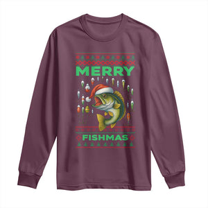 Funny Merry Fishmas Ugly Sweater Long Sleeve Shirt Fisherman Christmas Gift TS12 Maroon Print Your Wear
