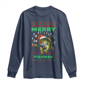 Funny Merry Fishmas Ugly Sweater Long Sleeve Shirt Fisherman Christmas Gift TS12 Navy Print Your Wear