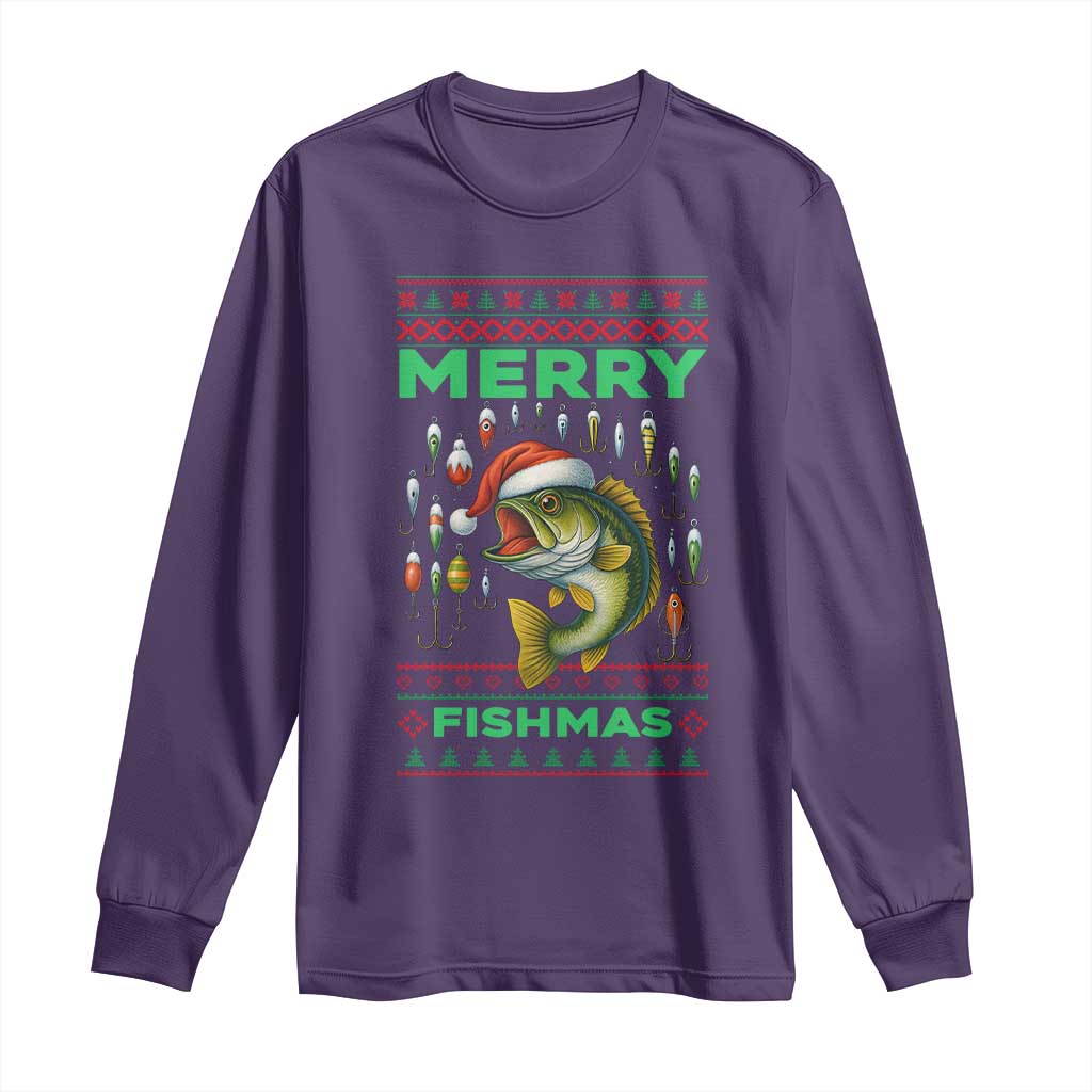 Funny Merry Fishmas Ugly Sweater Long Sleeve Shirt Fisherman Christmas Gift TS12 Purple Print Your Wear