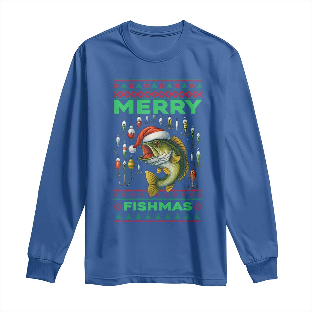 Funny Merry Fishmas Ugly Sweater Long Sleeve Shirt Fisherman Christmas Gift TS12 Royal Blue Print Your Wear