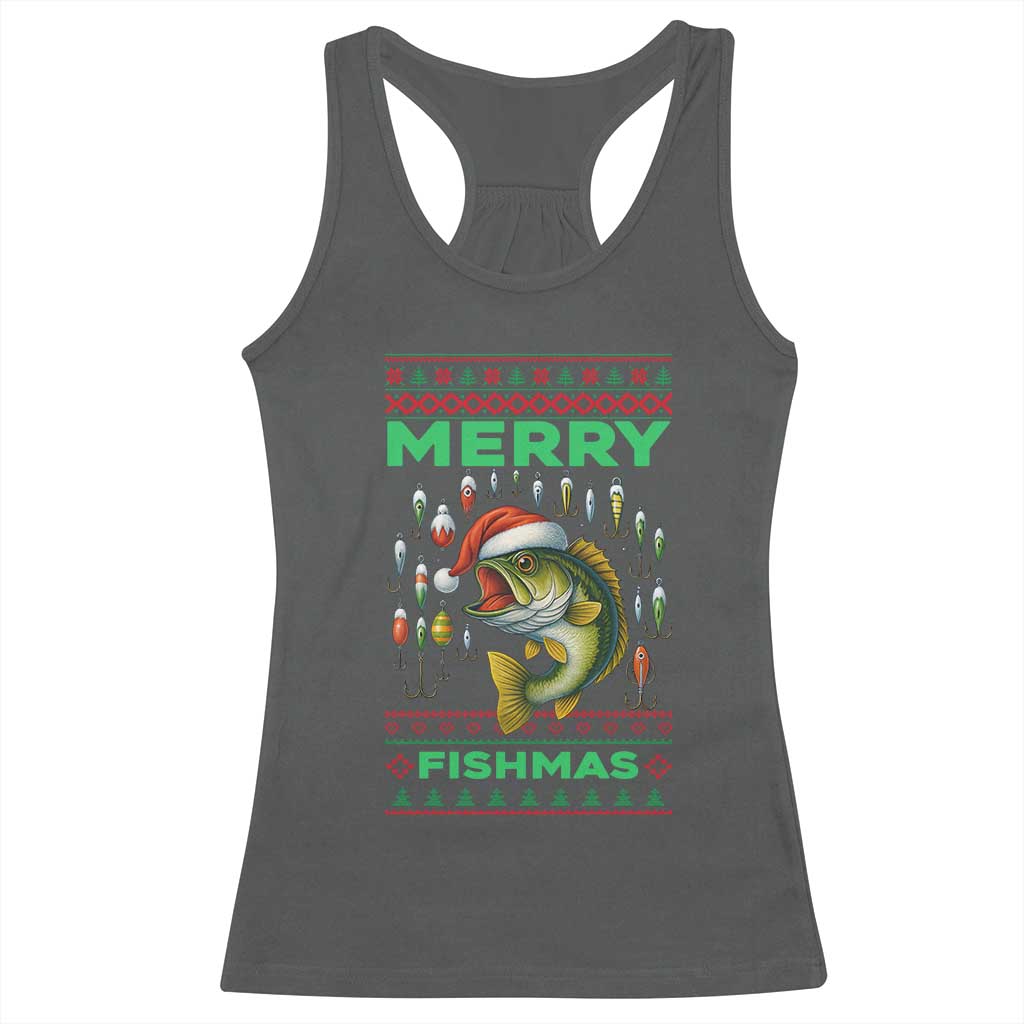 Funny Merry Fishmas Ugly Sweater Racerback Tank Top Fisherman Christmas Gift TS12 Dark Heather Print Your Wear