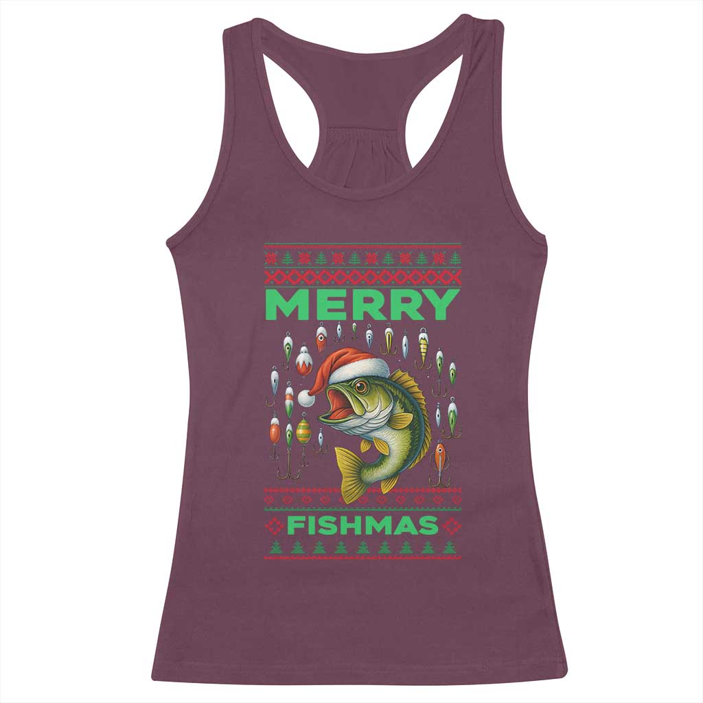 Funny Merry Fishmas Ugly Sweater Racerback Tank Top Fisherman Christmas Gift TS12 Maroon Print Your Wear