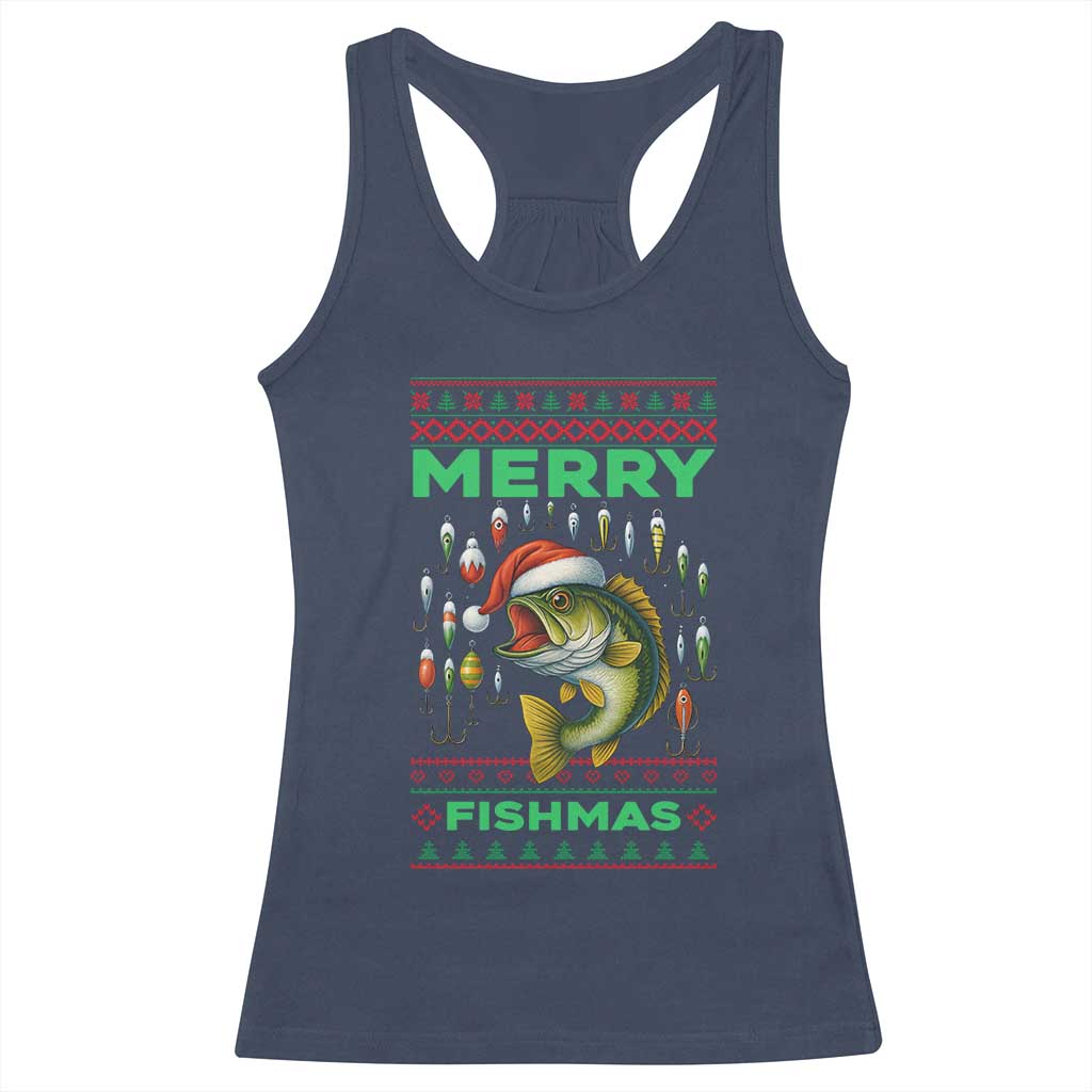 Funny Merry Fishmas Ugly Sweater Racerback Tank Top Fisherman Christmas Gift TS12 Navy Print Your Wear