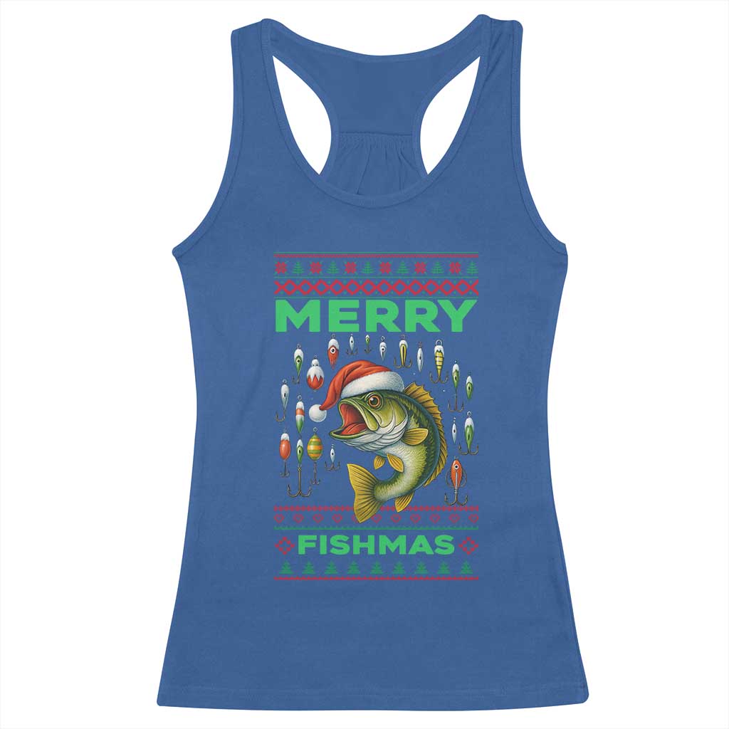 Funny Merry Fishmas Ugly Sweater Racerback Tank Top Fisherman Christmas Gift TS12 Royal Blue Print Your Wear