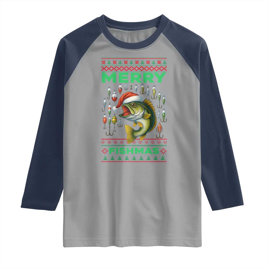 Funny Merry Fishmas Ugly Sweater Raglan Shirt Fisherman Christmas Gift TS12 Sport Gray Navy Print Your Wear
